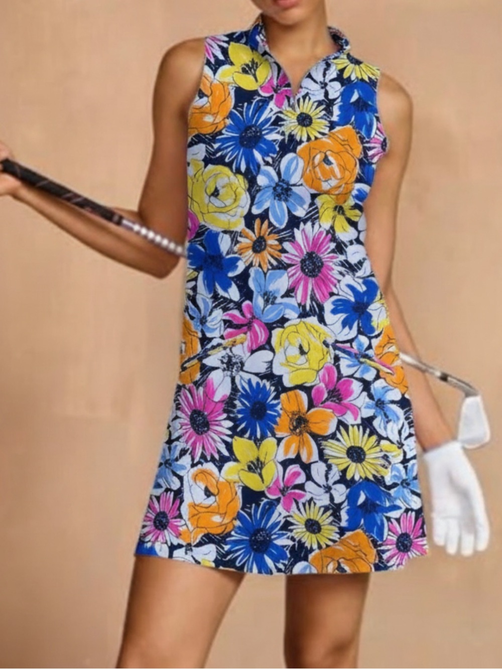 IBKUL Madeline Sleeveless Retro Floral Golf Dress Multicolor Colorful Mock Neck